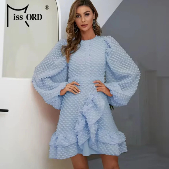 Miss Ord Light Blue Ruffle Mini Dress – Size M – Elegant and Whimsical - Picture 1 of 11